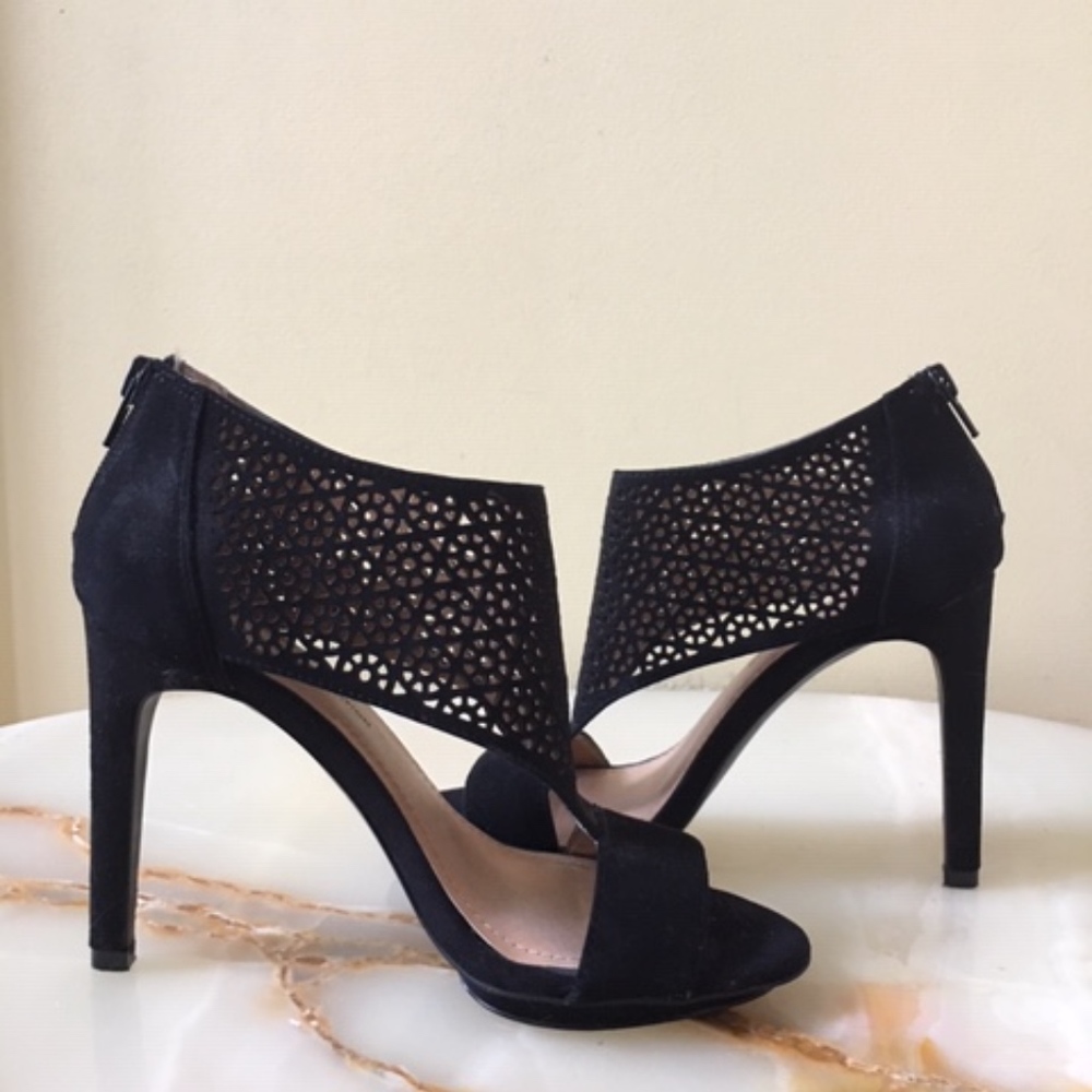 BCBGeneration Black Suede Open Toe Stiletto Heel